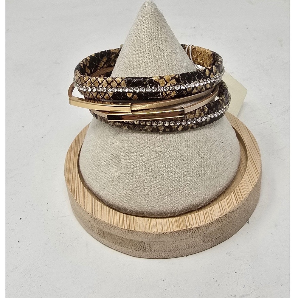 Saachi faux leather snake print crystal wrap bracelet women OS steampunk